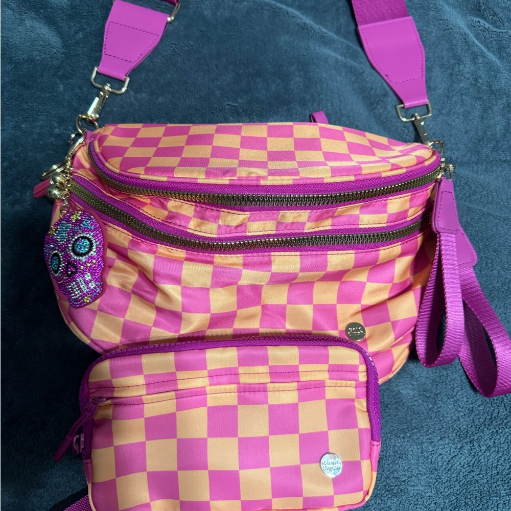 Gold blush Pink and Orange Checkered bum bag and matching wallet